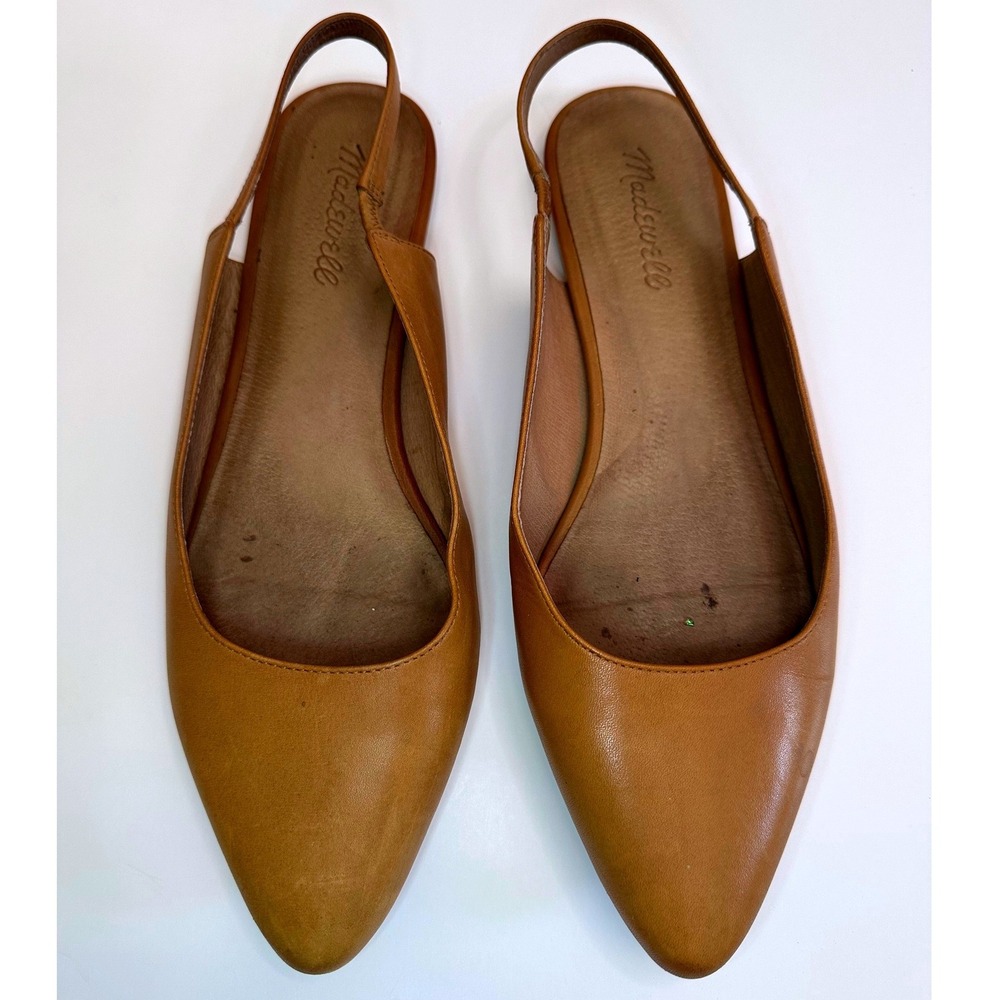 Tan Leather Slingback Mules Womens 9.5 Brown Good Pointed Toe Flat Workwear - Picture 3 of 5